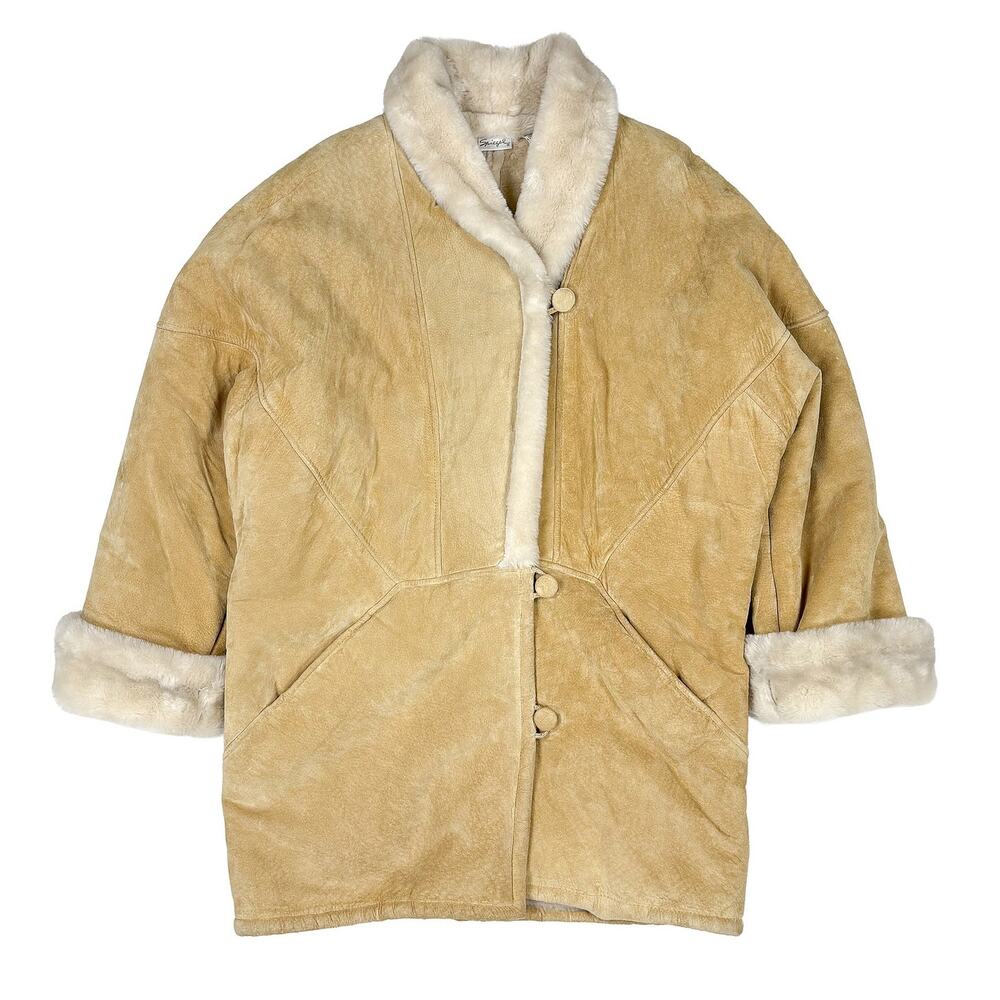 Spiegel VTG Suede Leather Faux Fur Coat Womens L Tan Penny Lane 90s Apres Ski